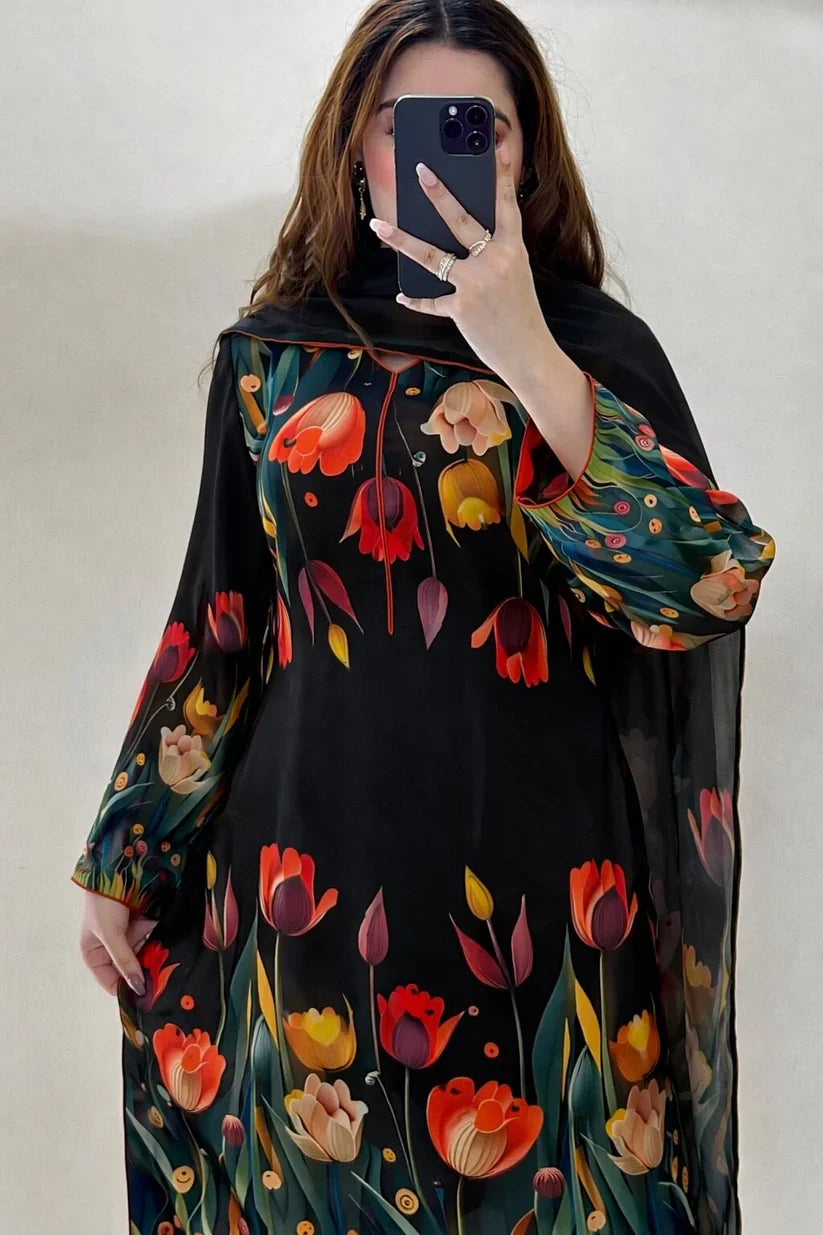 3D Flower Digital Print 3PC Suit