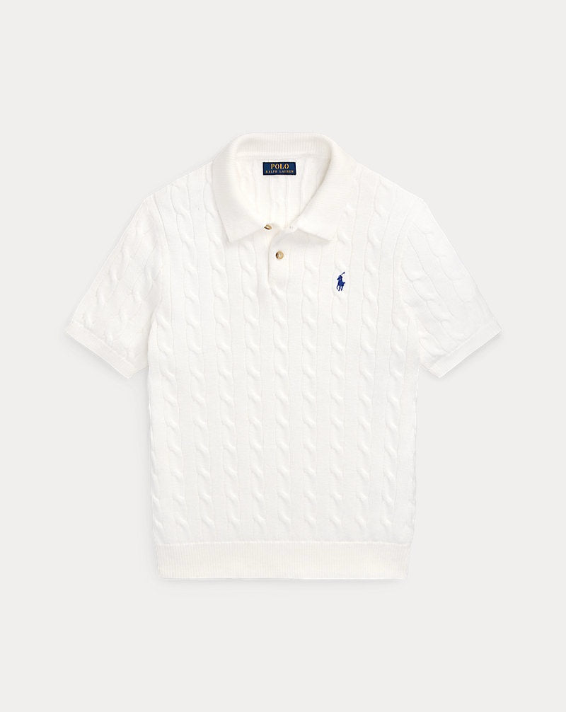 Strick-Poloshirt mit Zopfmuster – Weiß
