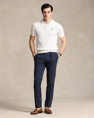 Strick-Poloshirt mit Zopfmuster – Weiß